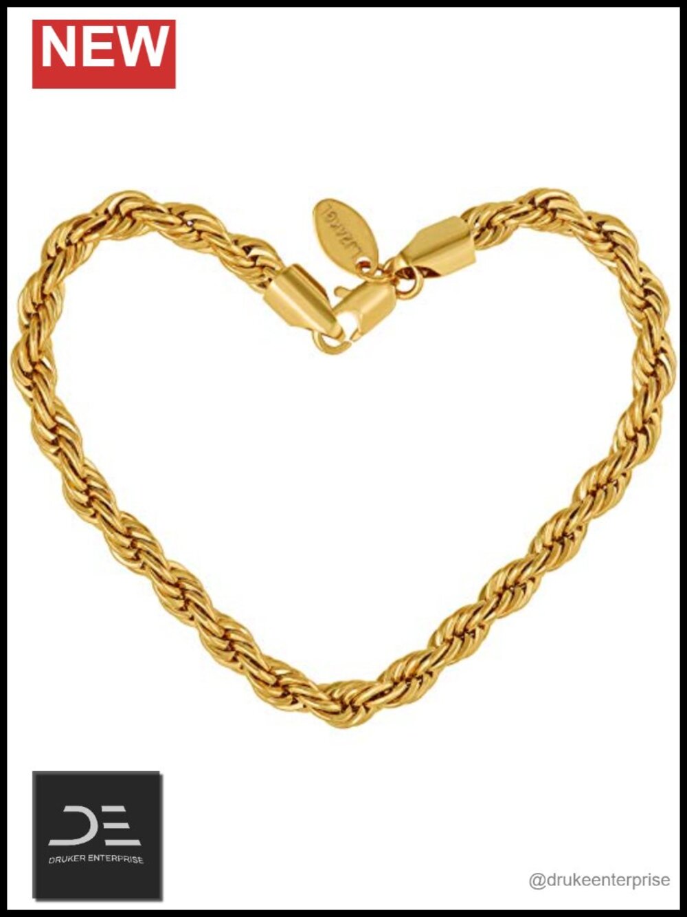 6mm Rope Chain Bracelet, 24K Real Gold Plated, Lobster Claw Clasp, 8 Inches,